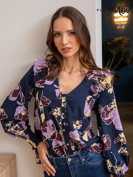 Pour Moi Blue Maggie Recycled Woven Button Through Frill Blouse (B96839) | €31