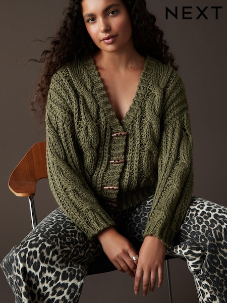 Green Khaki Chunky Knit Button Front Cable Cardigan (B96858) | €29.50