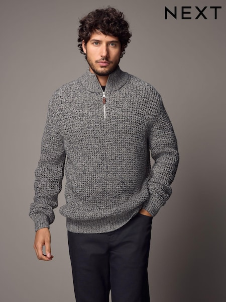 Harmaa - Regular Fit Textured Zip Neck Jumper with Wool (B96989) | €28