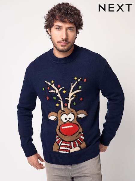 Navy Blue Rudolph Crew Neck Regular Fit Christmas Jumper (B97013) | €19