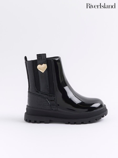 River Island Black Girls Patent Stud Chelsea Boots (B97209) | €19