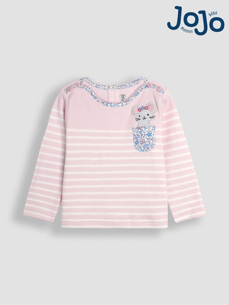 JoJo Maman Bébé Pink Mouse Cotton Long Sleeve Pocket Breton Top (B97273) | AED93