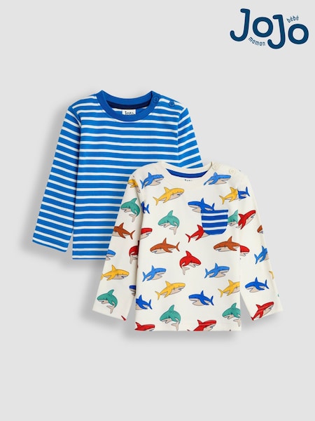 Ecru mit Haifisch-Print und Streifen - JoJo Maman Bébé Long Sleeve 2-Pack Tops (B97315) | 35 €