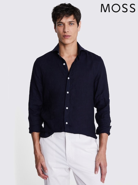 MOSS Blue Tailored Fit 100% Linen Shirt (B97335) | kr1 260