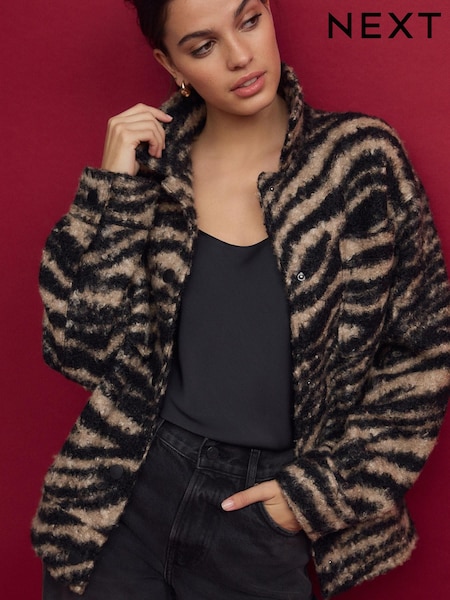 Neutral Borg Zebra Print Fleece Shacket (B97404) | €17.50