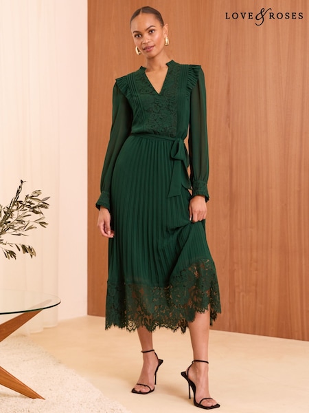 Love & Roses Pleated Long Sleeve Lace Detail Midi Dress (B97445) | 301 LEI