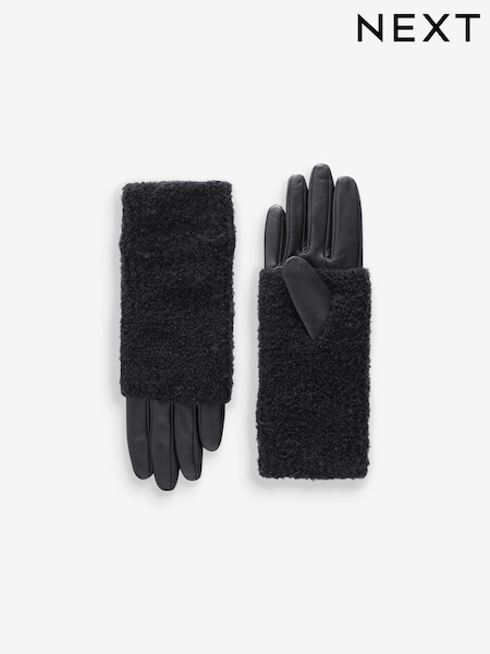 Black Bouclé Cuff Leather Gloves (B97484) | €27