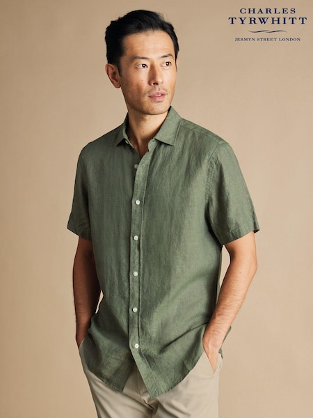 Charles Tyrwhitt Green Slim Fit Plain Short Sleeve Pure 100% Linen Shirt (B97495) | €106