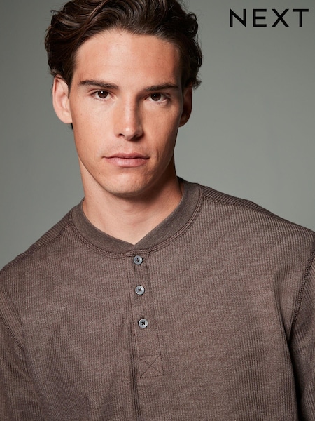 Brown Ribbed Textured Long Sleeve Grandad T-Shirt (B97511) | €13