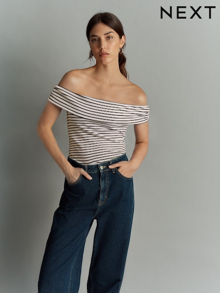 Navy/White Stripe Bardot Off The Shoulder Summer Ribbed Top (B97539) | €9.50