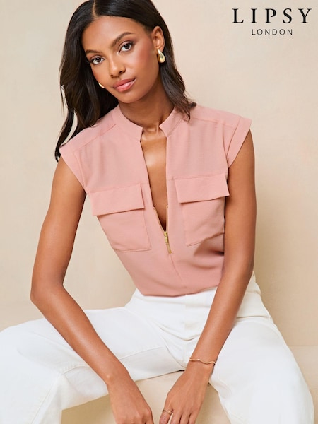 Lipsy Zip Front Sleeveless Utility Pocket Blouse (B97545) | 132 LEI