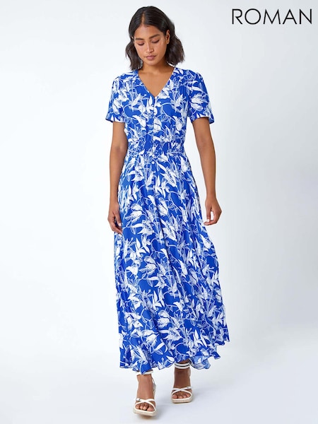 Roman Blue Floral Print Button Detail Maxi Dress (B97610) | R$ 545