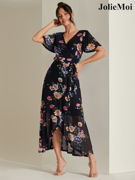 Jolie Moi Blue Frill Dip Hem Mesh Midi Dress (B97612) | ₪427