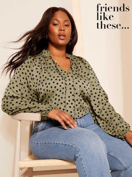 Friends Like These Khaki Green Long Sleeve Satin Tie Neck Blouse (B97613) | €27