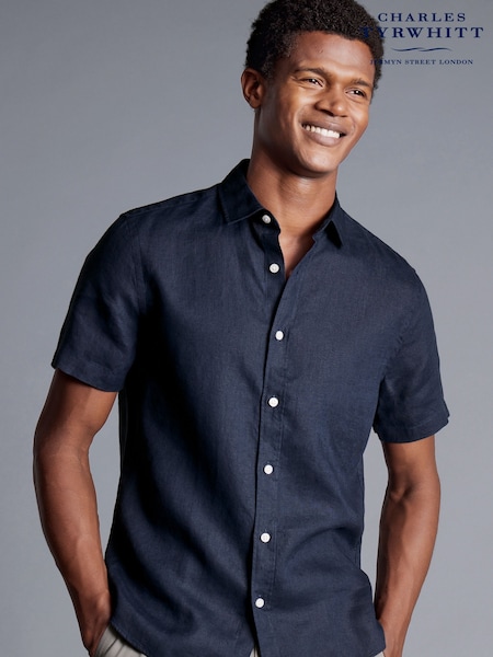 Charles Tyrwhitt Blue Slim Fit Plain Short Sleeve Pure 100% Linen Shirt (B97677) | €93