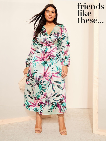 Curves Like These Blue Satin Split Sleeve Wrap Midi Dress (B97700) | 136 QAR