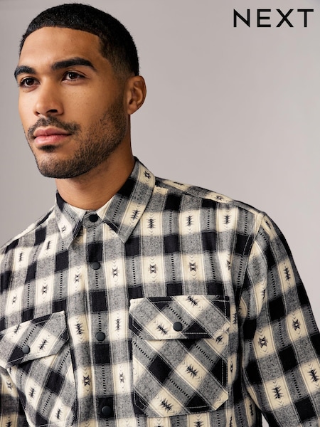 Black/White 100% Cotton Navajo Style Check Long Sleeve Shirt (B97701) | €18
