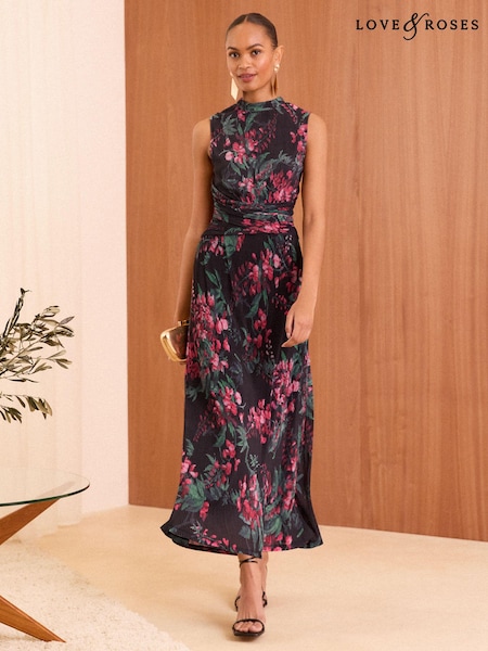 Love & Roses Black Floral Plisse Jersey Wrap Front Sleeveless Midi Dress (B97750) | $80