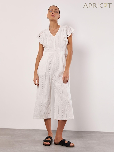 Apricot Cream Ruffle Sleeve Broidery 100% Cotton Jumpsuit (B97805) | €24