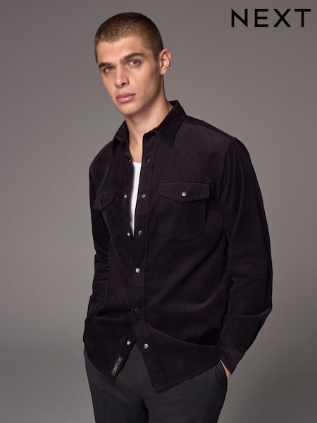 أسود - Cord Twin Pocket Western Long Sleeve 100% Cotton Shirt (B97819) | ‏99 د.إ.‏