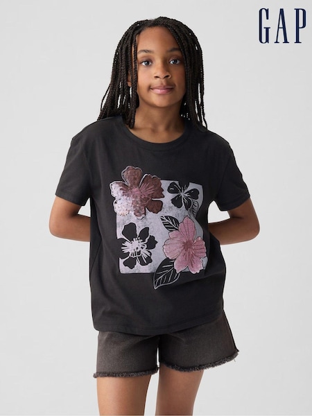 Gap Black Floral Sequin Graphic Short Sleeve Crew Neck T-Shirt (4-13yrs) (B97840) | €9