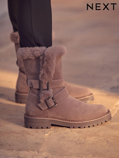 Mink Brown Forever Comfort® Faux Fur Double Buckle Ankle Boots (B98014) | SGD 103