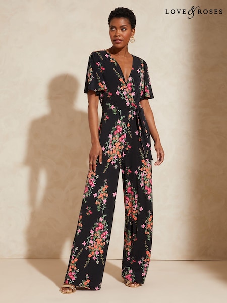 Love & Roses Black Floral Twist Front Jersey Jumpsuit (B98045) | 179 QAR