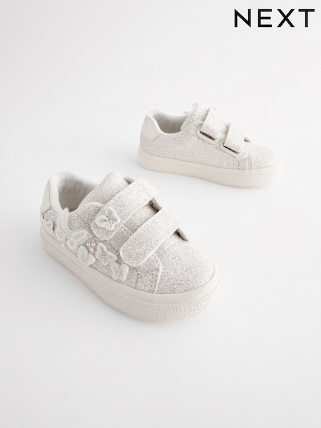 White Glitter Wide Fit (G) Butterfly Touch Fasten Strap Trainers (B98221) | €30 - €35