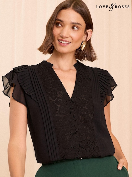 Love & Roses Black Lace Flutter Sleeve Blouse (B98232) | €24