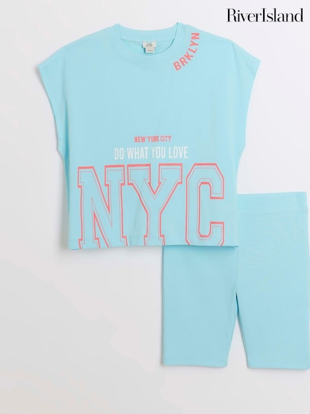 River Island Blue Girls 100% Cotton Turquoise Varsity Top and Shorts Set (B98258) | €10 - €14