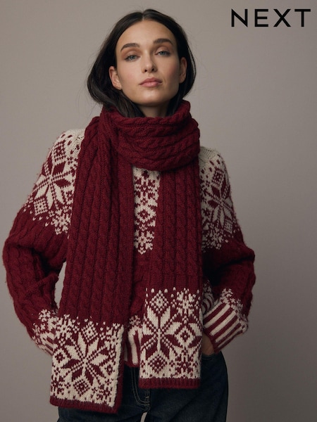 Red Fairisle Co-ord Christmas Fairisle Pattern Soft Touch Knitted Scarf (B98324) | AED50