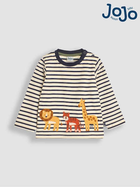JoJo Maman Bébé Ecru Navy Stripe Safari Animals Appliqué Border Top (B98410) | €29