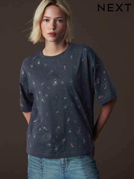 אפור כהה - 100% Cotton Animal Embellished T-shirt (B98500) | ‏93‏₪