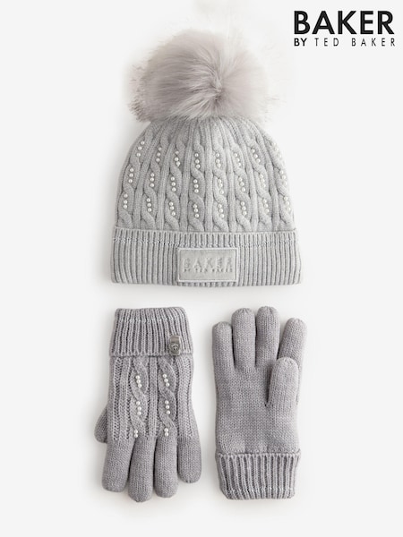 Grau - Baker by Ted Baker Girls Pink Knited Pom Hat And Gloves Set (B98533) | 30 €