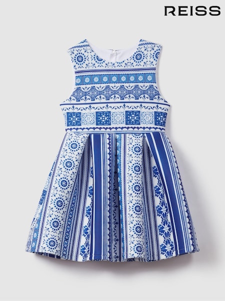Reiss Blue Print Lena 13-14 yrs Tile Print Scuba Fit-and-Flare Dress (B98603) | 463 QAR