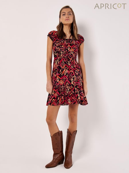 Apricot Black Colourful Ikat Milkmaid Mini Dress (B98626) | €44