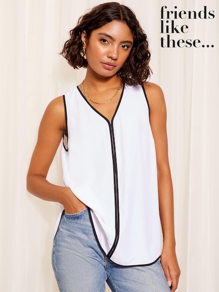 Friends Like These Ivory White Sleeveless Tipped Lightweight Woven Tunic (B98647) | AED114