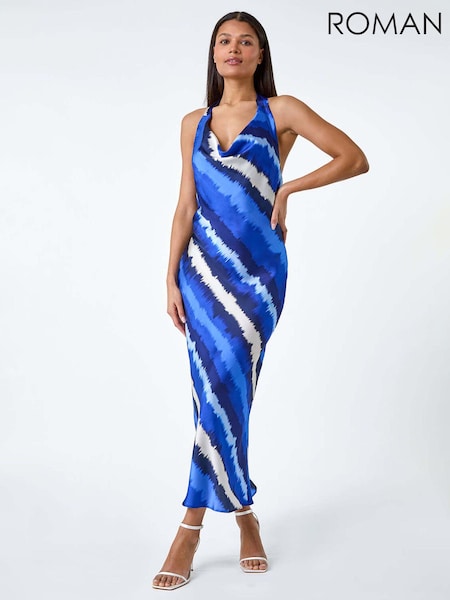 Roman Blue Stripe Print Satin Bias Cut Dress (B98720) | kr685