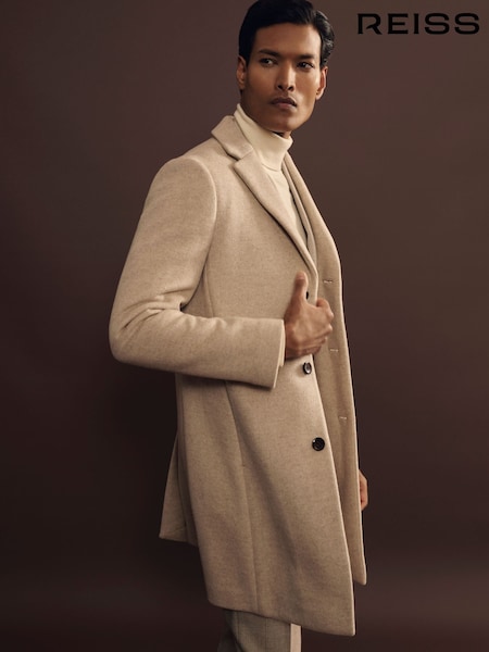 Reiss Oatmeal Herringbone Gable Wool Blend Single Breasted Epsom Overcoat (B98789) | €517