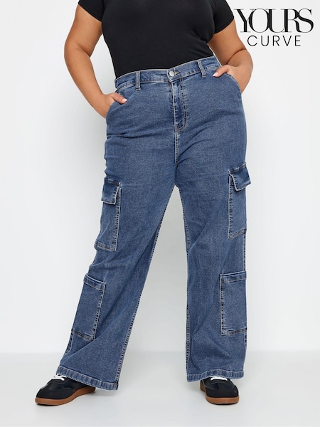 Yours Curve Blue Limited Collection Curve Mid Wash Wide Leg Cargo Jeans (B98843) | $63