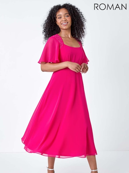 Roman Pink Shimmer Pleated Midi Dress (B98884) | 287 QAR
