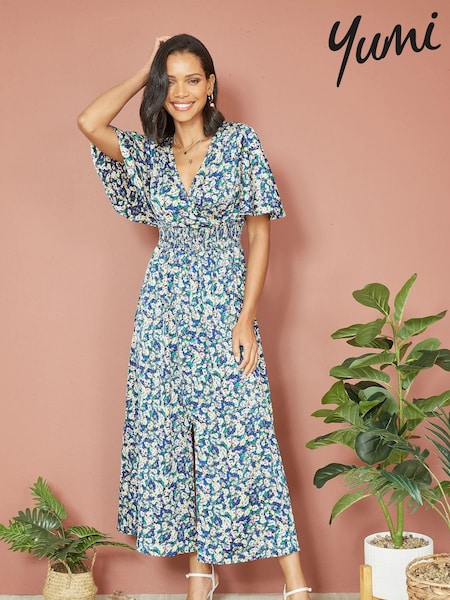 Yumi Blue Satin Ditsy Print Wrap Maxi Dress (B98975) | €33