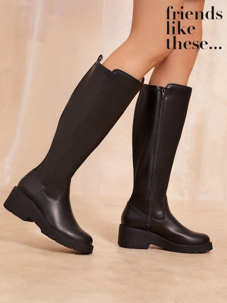 Friends Like These Black Wide Fit Low Wedge Knee High Stretch Faux Leather Boot (B98977) | AED163