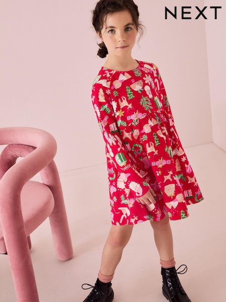 Red Christmas Print Long Sleeve 100% Cotton Jersey Dress (3-16yrs) (B99008) | AED46 - AED63