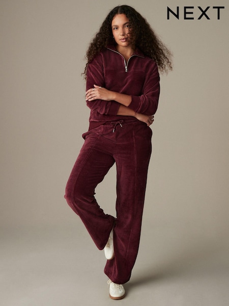 Burgundy Red Velvet Soft Touch Jersey Wide Leg Co-Ord Jogger Trousers (B99054) | AED58
