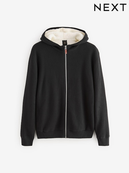 Black Relaxed Fit 100% Cotton Borg Lined Knit Zip Up Hoodie (B99101) | AED148