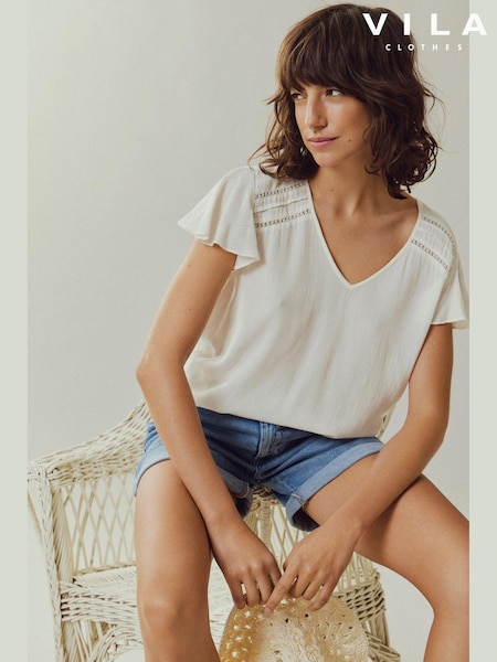 VILA White Ruffle Sleeve Lace Detail Top (B99119) | LEI 93