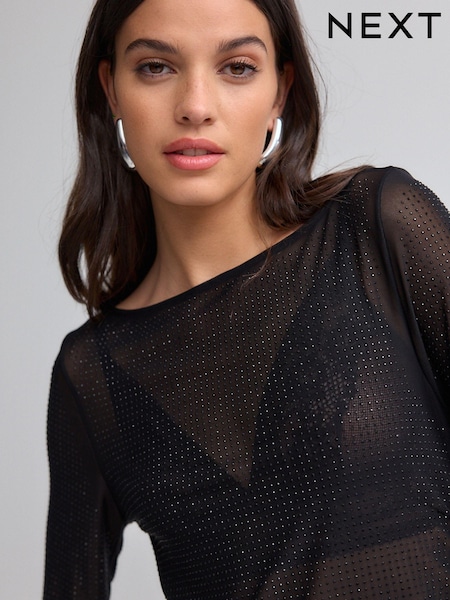 Negru - Slash Neck Embellished Sparkle Mânecă lungă Top (B99250) | 186 LEI