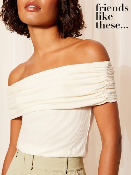 Friends Like These Ivory White Short Sleeve Jersey Cotton Ribbed Bardot Neck Top (B99302) | €15