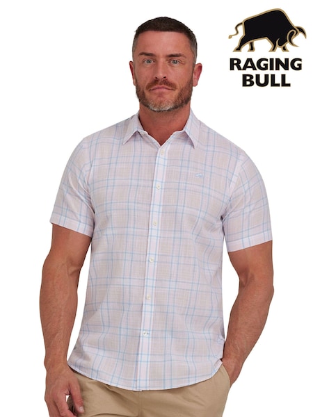 Raging Bull Pink Short Sleeve Plaid Check Linen Look Shirt (B99320) | €38 - €44